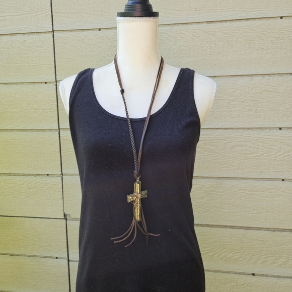 brown leather cord necklace with oversized silver and gold tone cross pendant - Picture 1 of 3